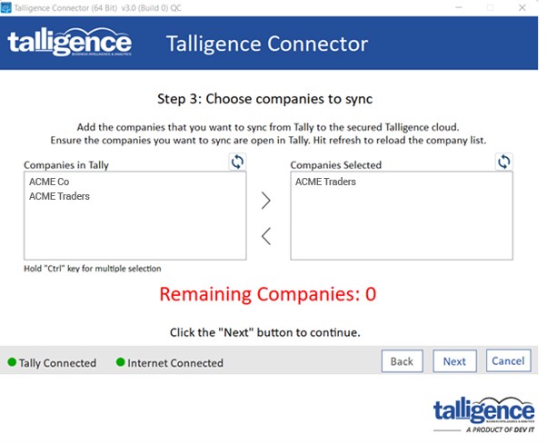 Talligence Connector - Choose Companies to Sync